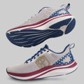 White running shoe with blue, red, and gold accents on a gray background