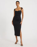 Express Women's Lace Pieced Sweetheart Cap Sleeve Ruched Midi Dress in Black Medium
