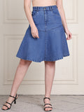 PUELLA Women's Blue Solid Flared Knee-Length Denim Skirt