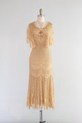 Gorgeous 1920's Champagne Gold Lace Flapper Dress / Small
