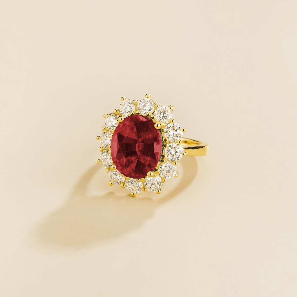 Oda Ruby Oval & Diamond Halo Ring In Gold
