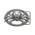 Detailed oval silver crab belt buckle with a textured stone-like border, a unique fashion accessory with an animal-themed Italian design.