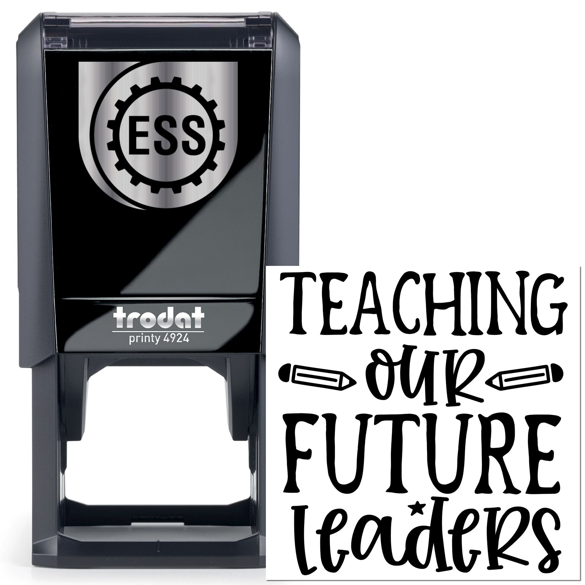 Black self-inking Trodat stamp and seal in black and silver with ESS logo and Teaching our future leaders text.