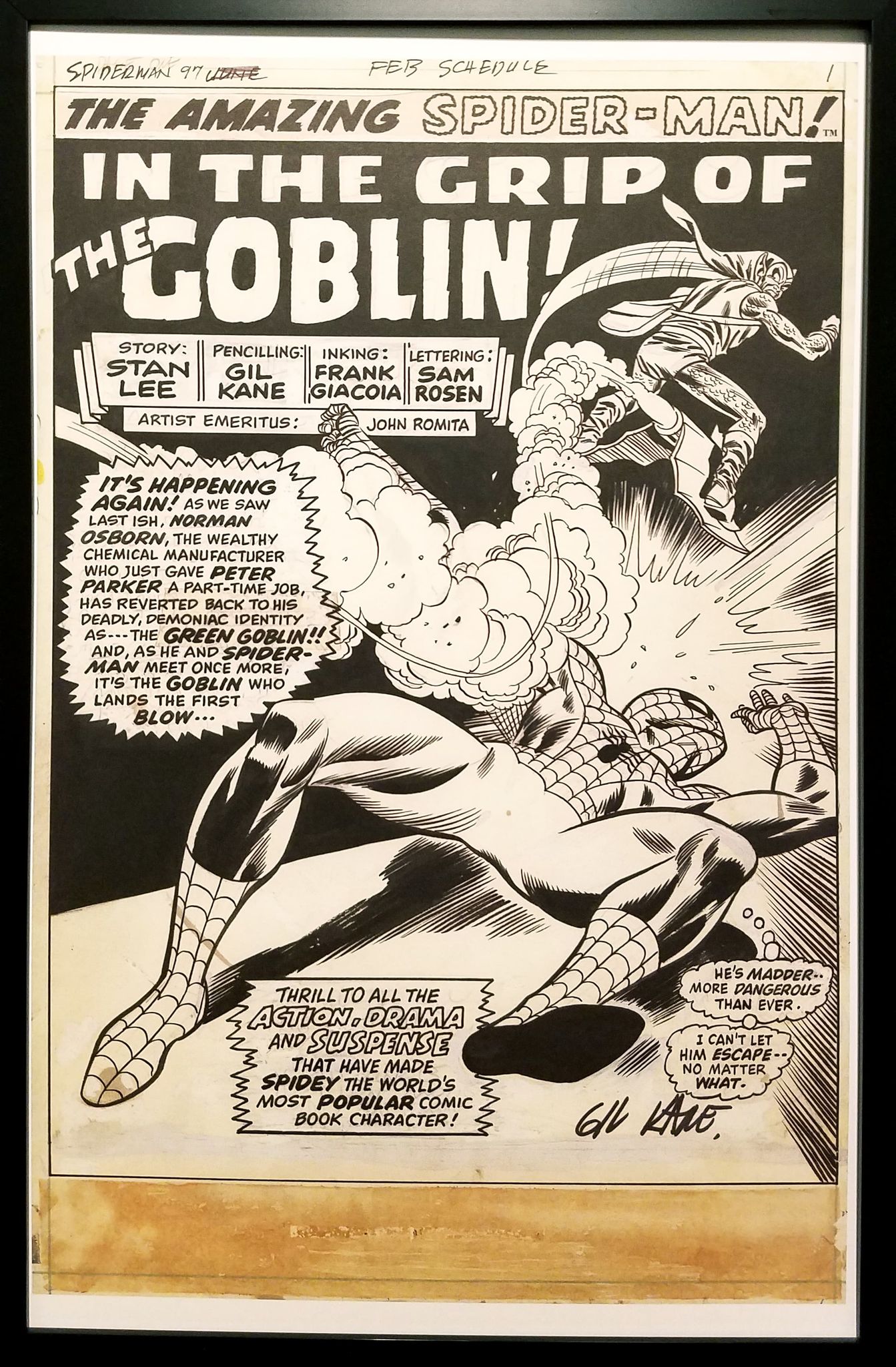 Amazing Spider-Man #97 pg. 1 Gil Kane 11x17 FRAMED Original Art Poster Marvel Comics