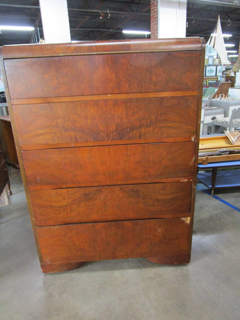 Vintage Waterfall Walnut Veneer Five Drawer Dresser