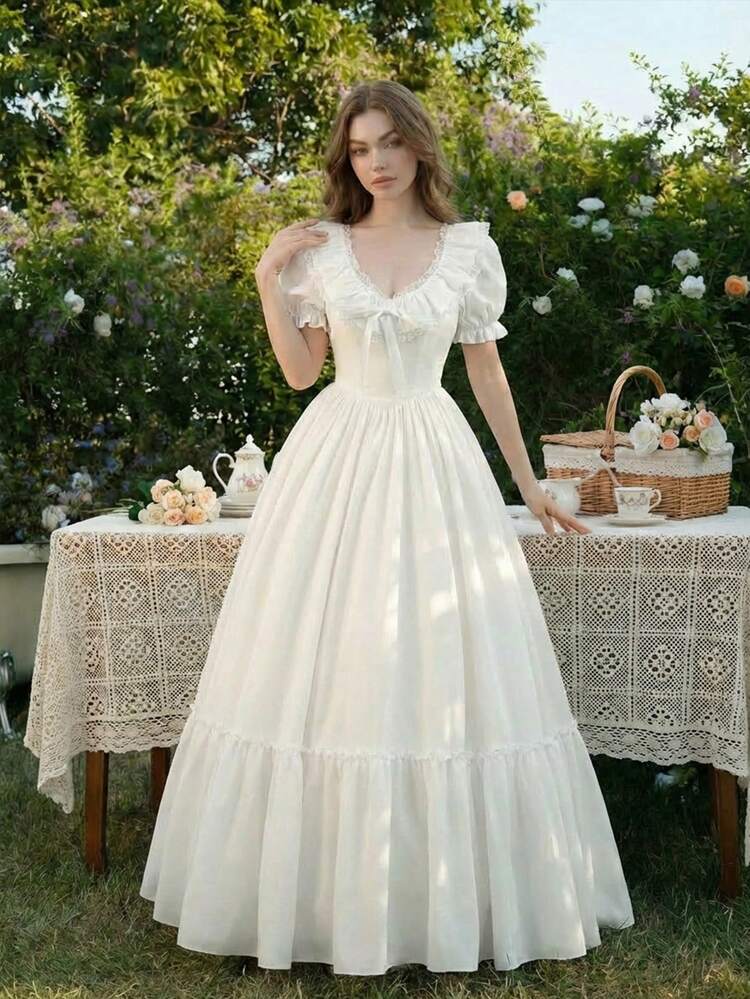 Skyraze Cream White Summer Modest Tea Party Picnic Elegant Puff Sleeve Maxi  Dress For Women,Ruffle Trim Bow Tie Back Tiered A-Line Flowy Cottagecore  Sundress