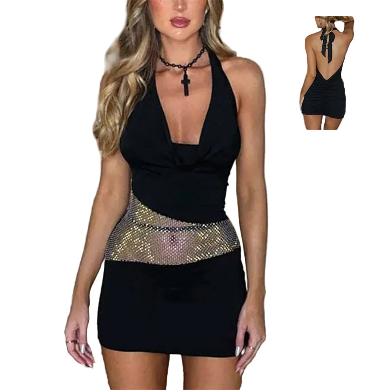 Women's black halter mini dress with deep V-neck and sequin mesh waist —