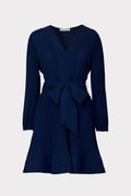 Navy Pleated Liv Long Sleeve Mini Dress - Flat Lay View | MILLY