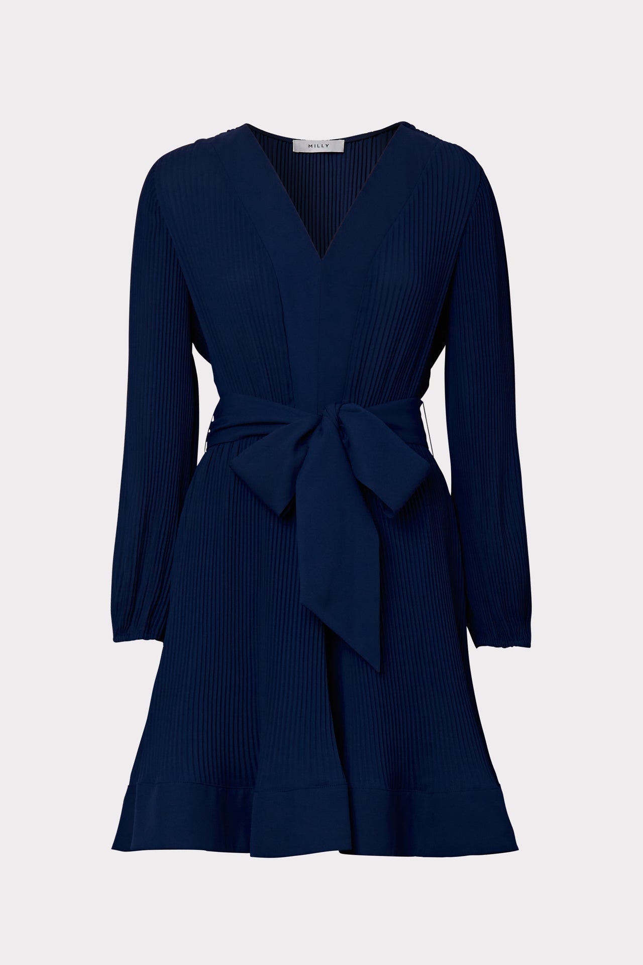 Navy Pleated Liv Long Sleeve Mini Dress - Flat Lay View | MILLY