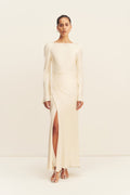 LA LUNE FLARED SLEEVE SIDE SPLIT MIDI DRESS - CREAM_F