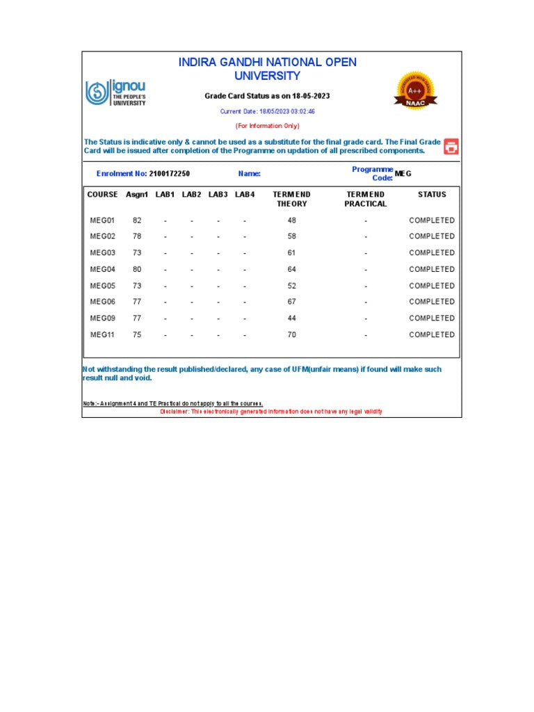 IGNOU Grade Card Status Update | PDF | Computing