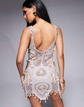 ASOS LUXE gem encrusted mini dress with pearl embellishment & scallop hem  in dusty purple