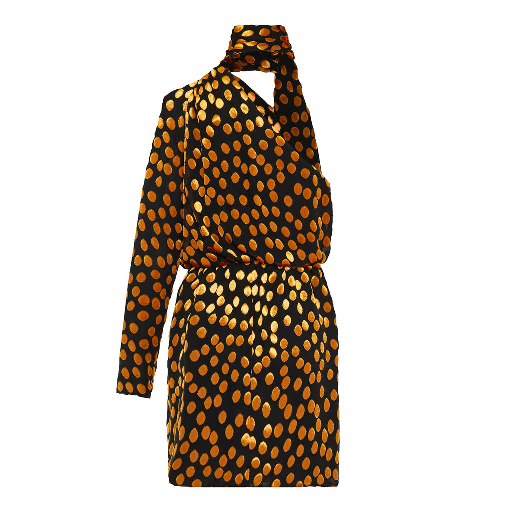 One-shoulder velvet-dotted silk mini dress