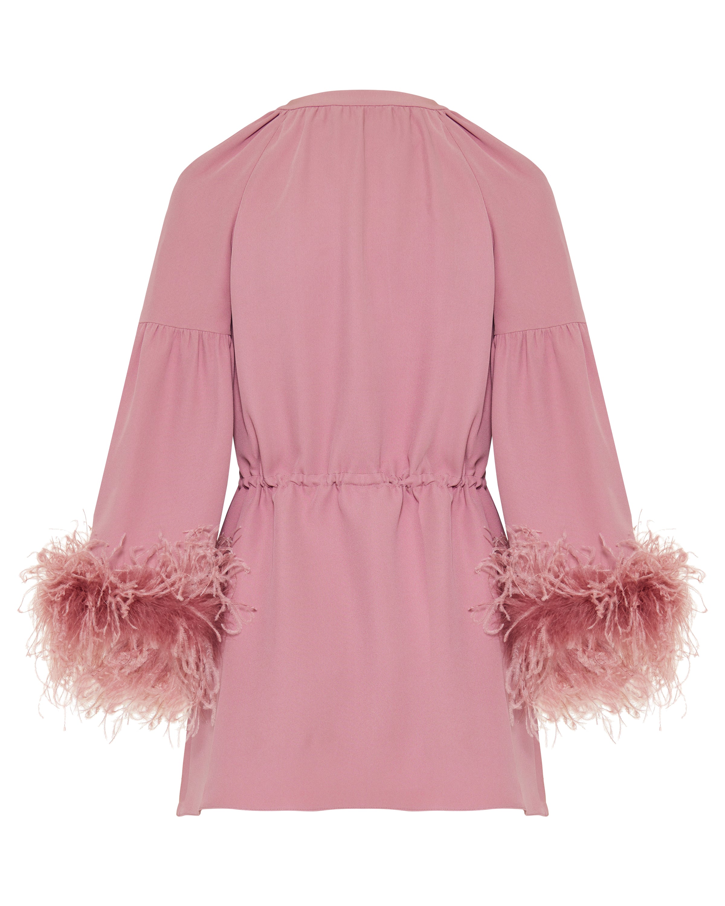Cady couture V-neck dress with feather trim