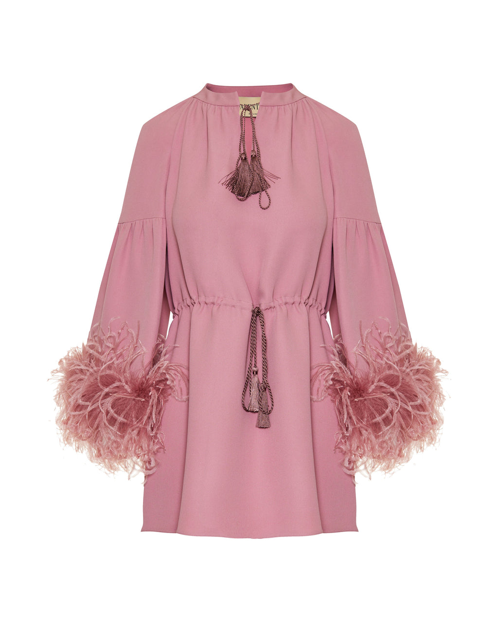 Cady couture V-neck dress with feather trim