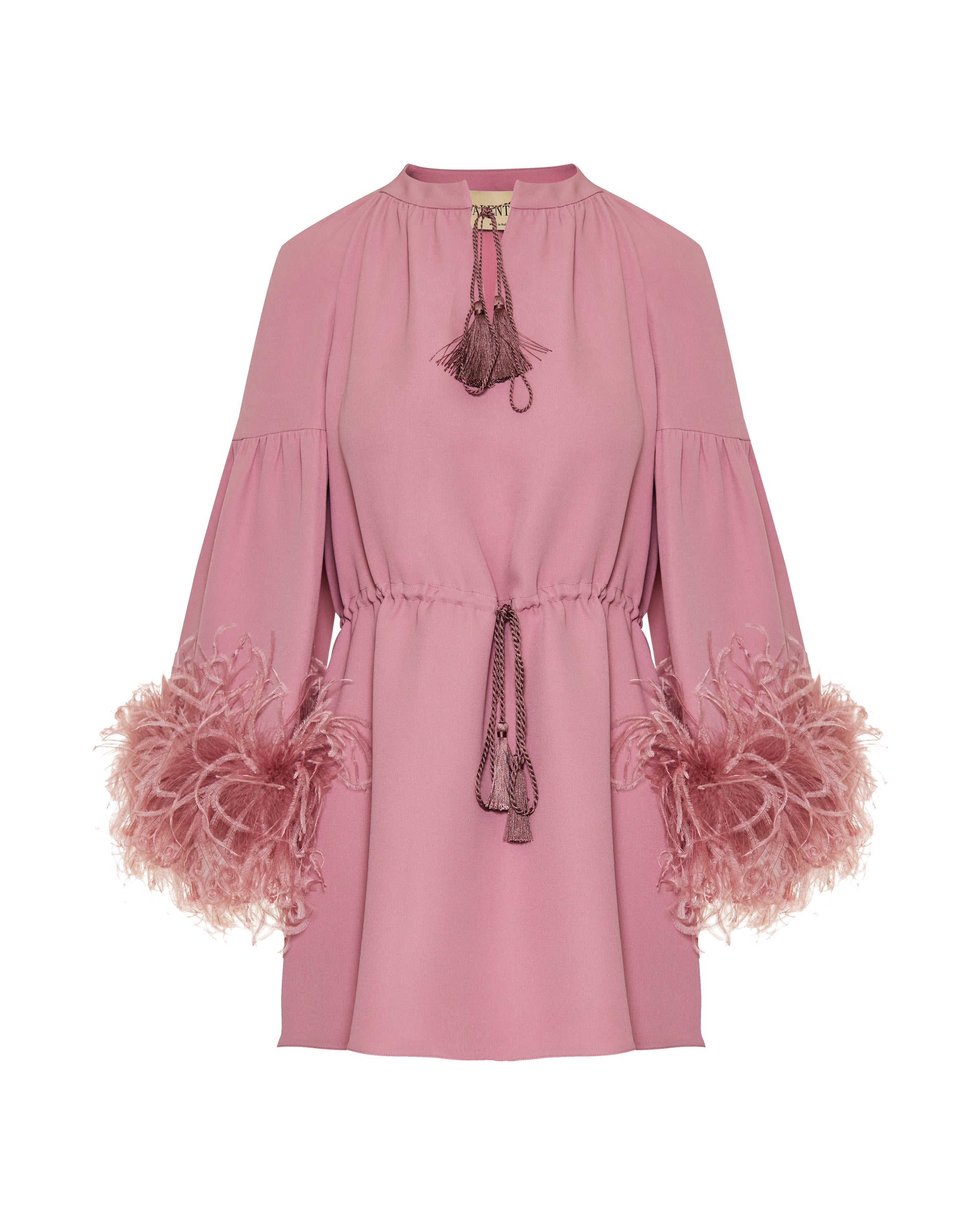 Cady couture V-neck dress with feather trim