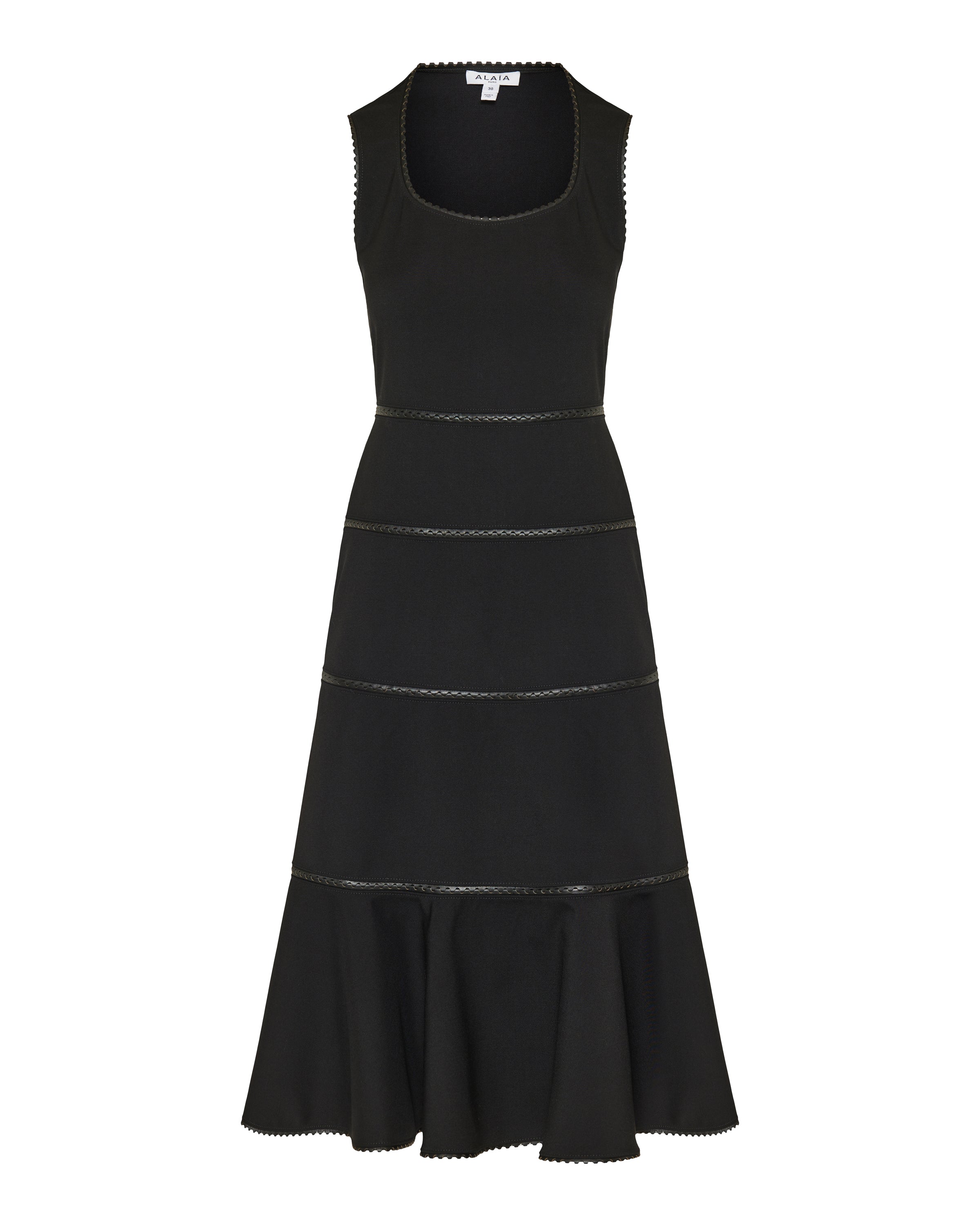 Leather-trimmed wool midi dress