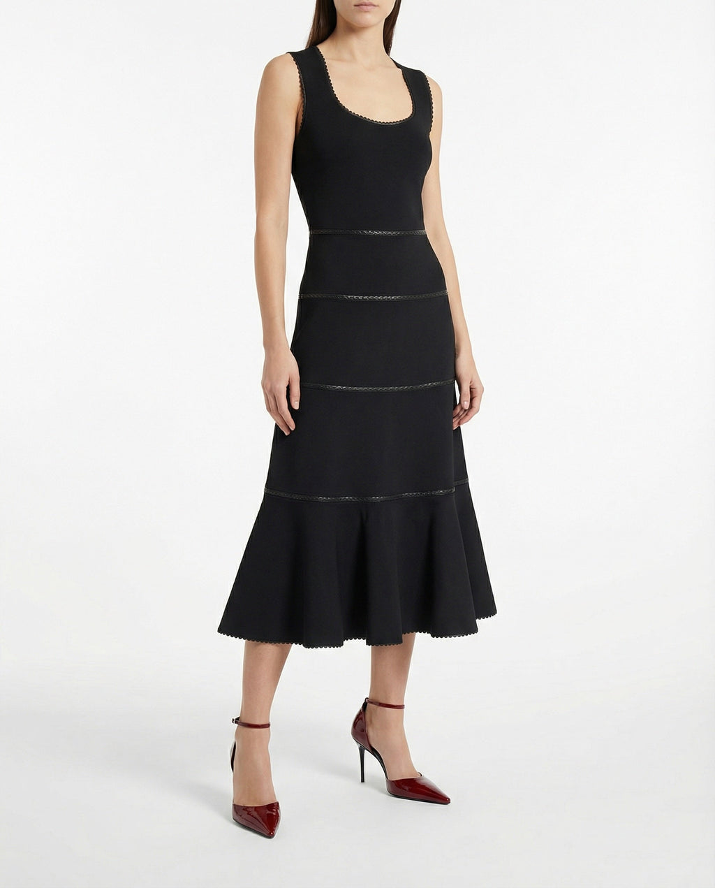 Leather-trimmed wool midi dress