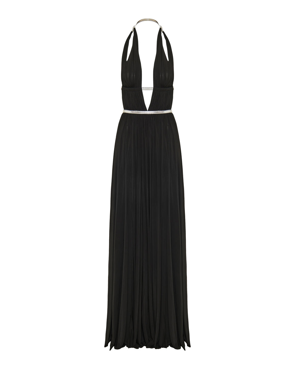 Metallic trimmed pleated jersey gown