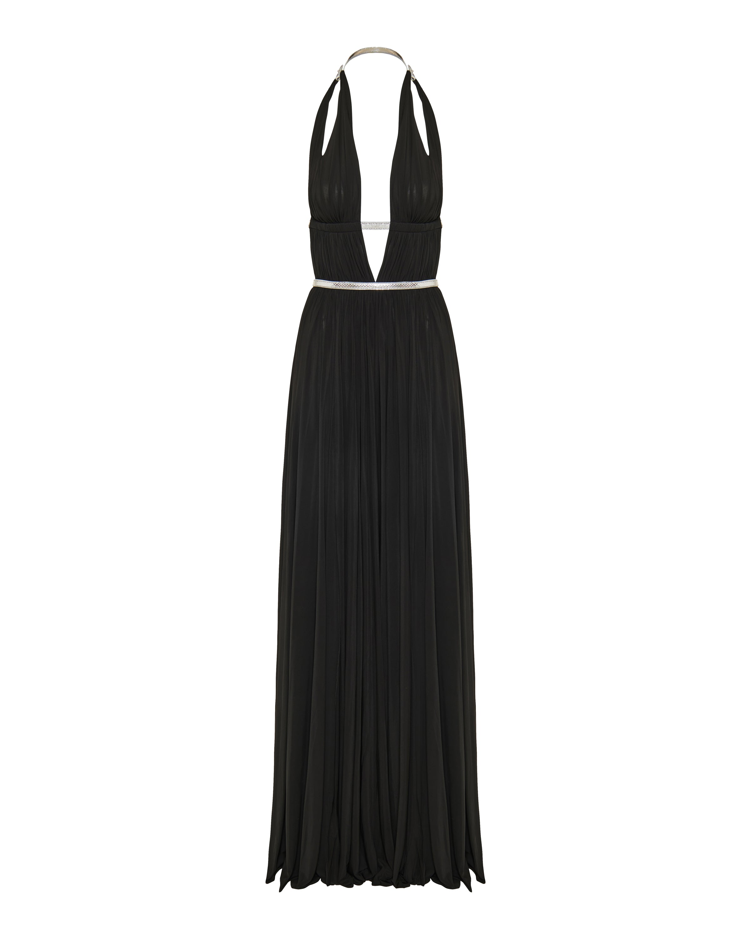 Metallic trimmed pleated jersey gown