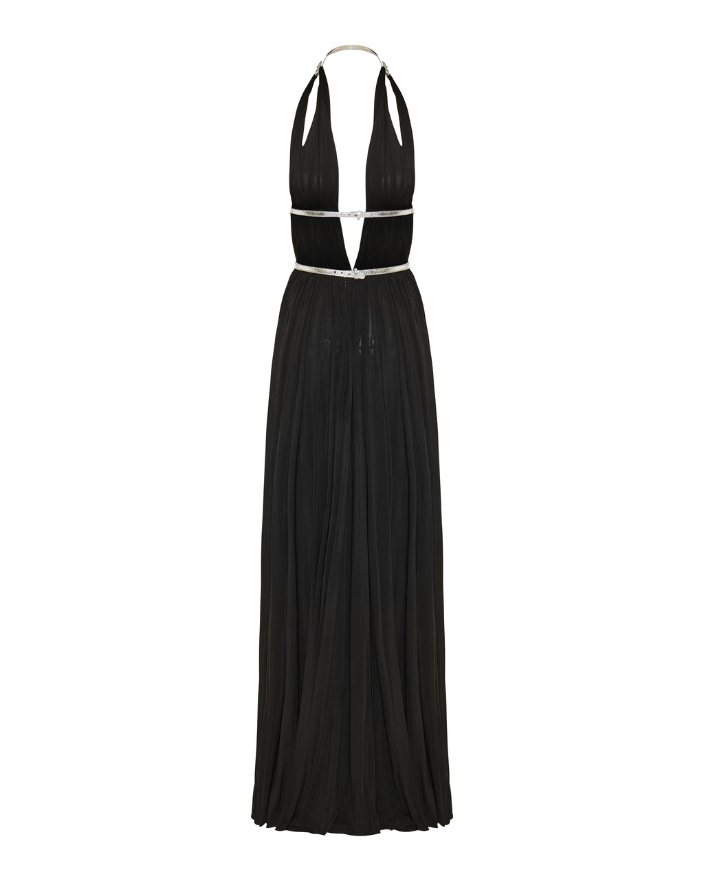 Metallic trimmed pleated jersey gown