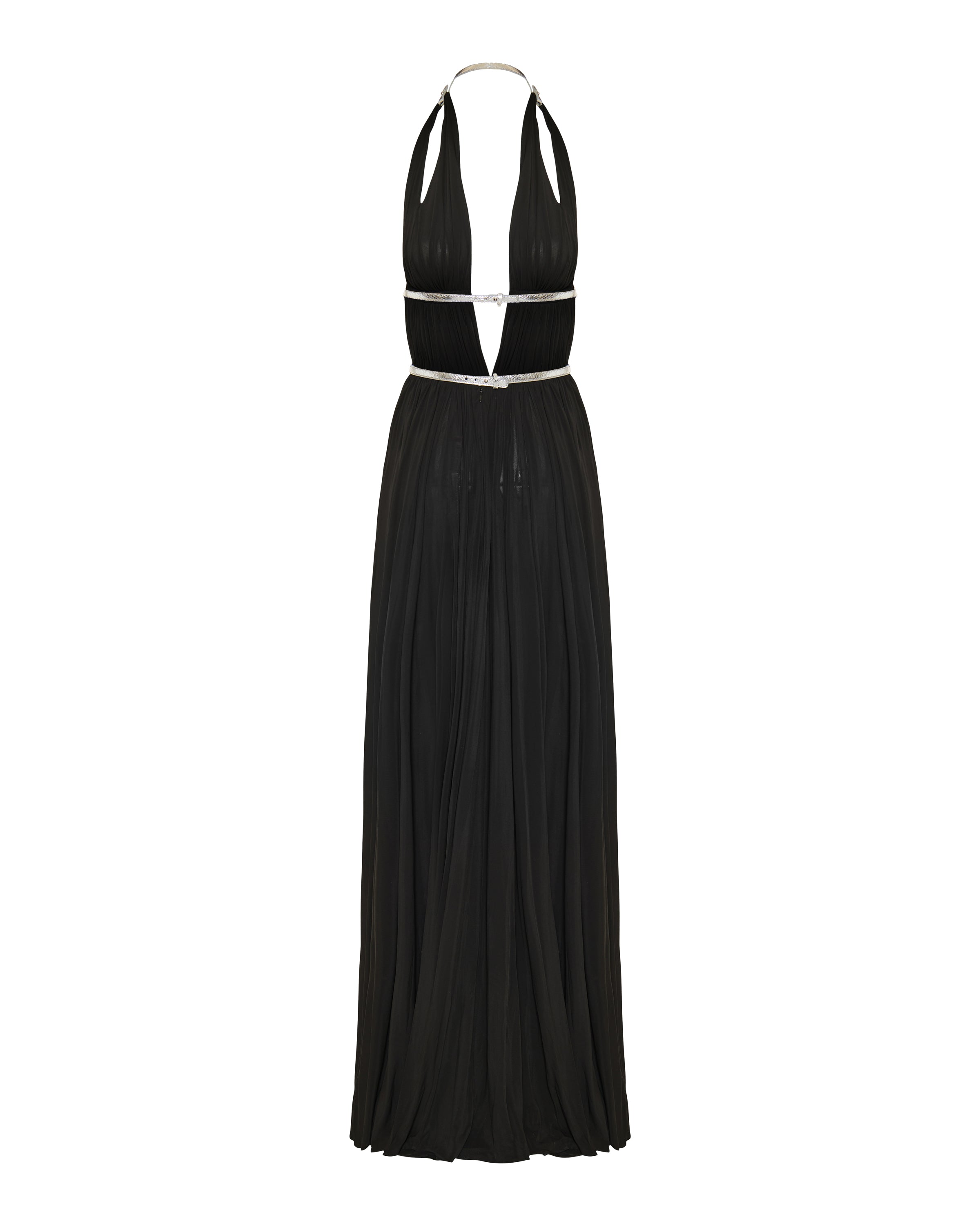 Metallic trimmed pleated jersey gown