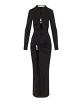 Crystal‑pendant open‑twist midi dress