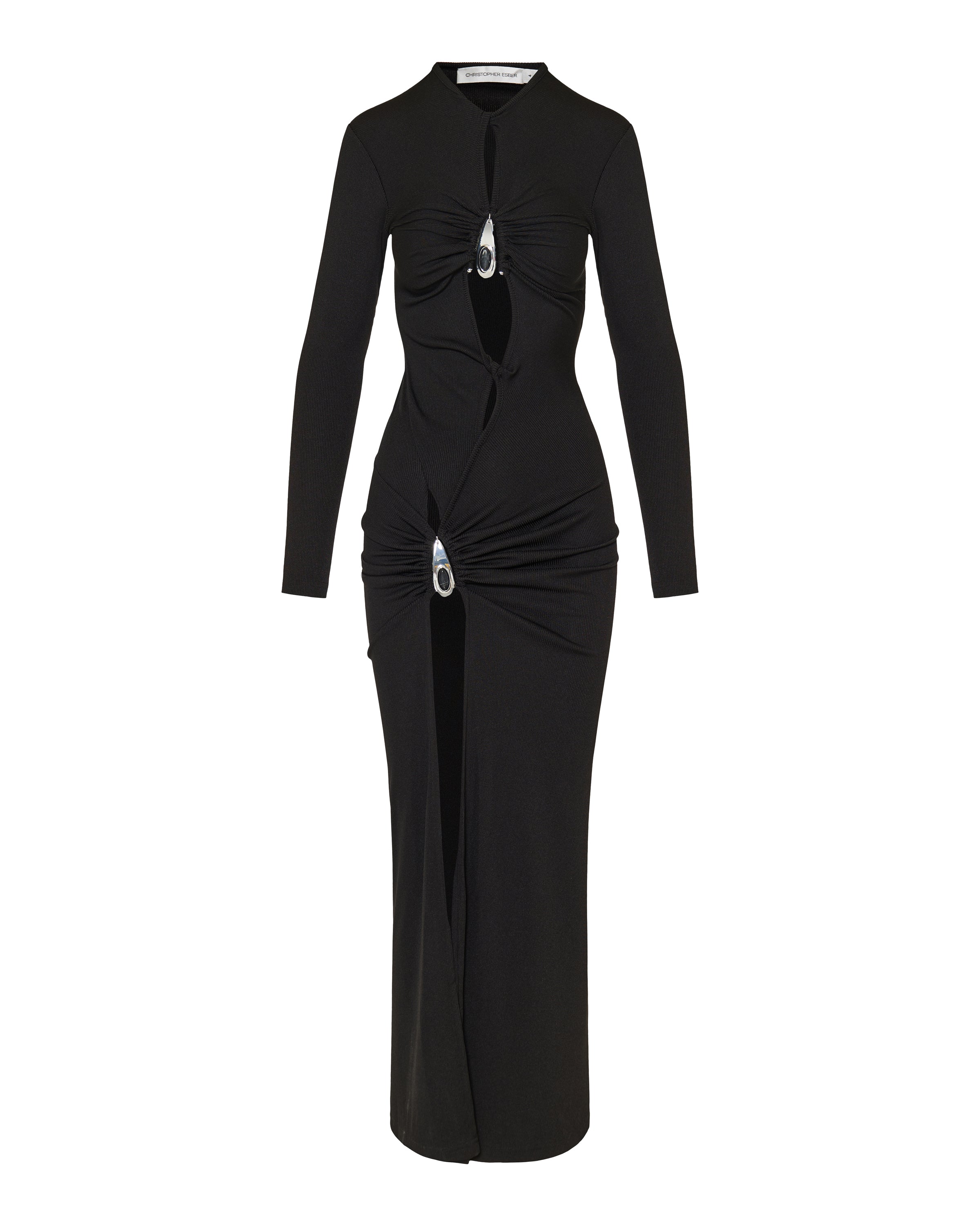 Crystal‑pendant open‑twist midi dress
