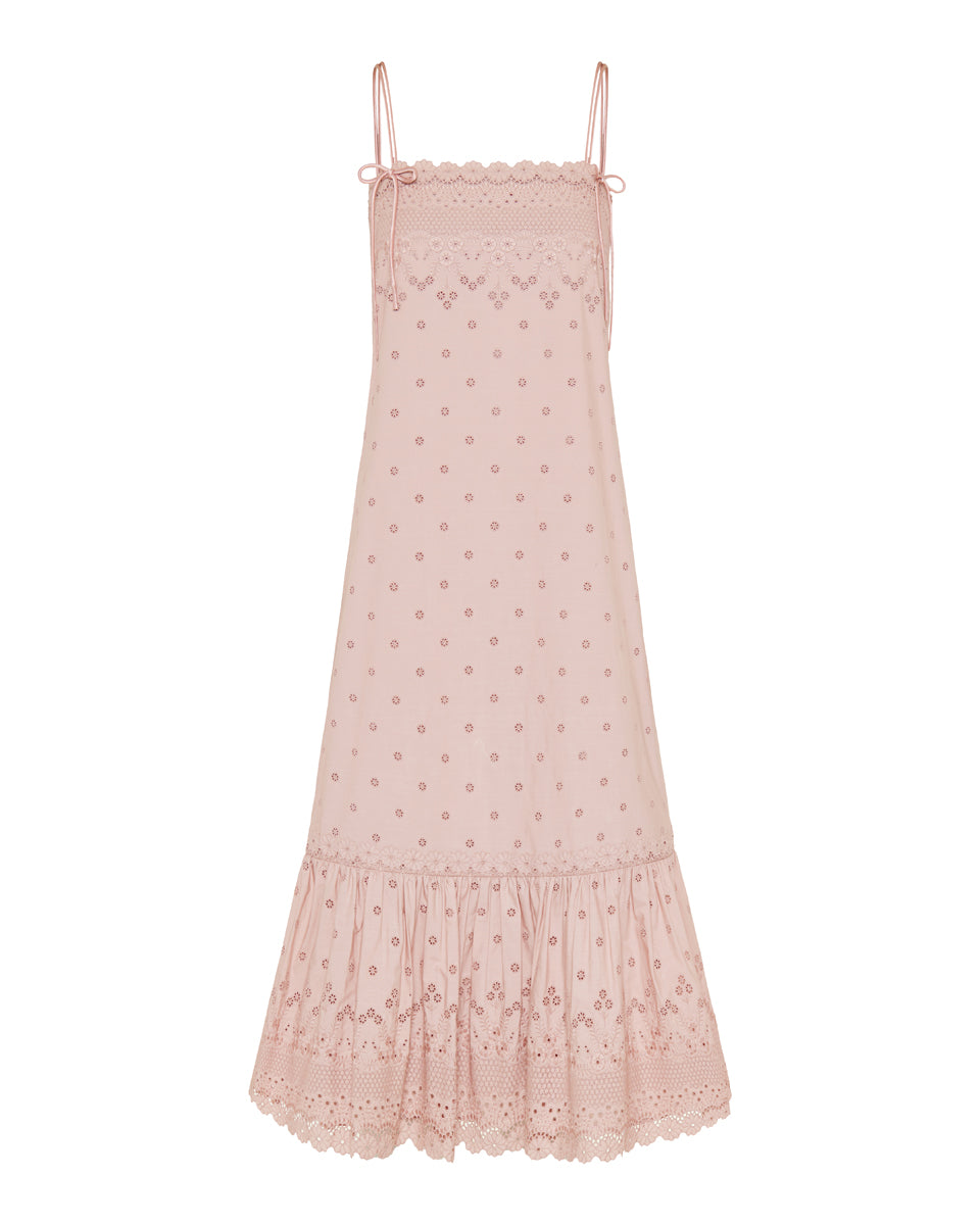 Broderie anglaise cotton midi dress with silk trim