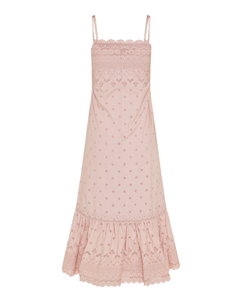 Broderie anglaise cotton midi dress with silk trim