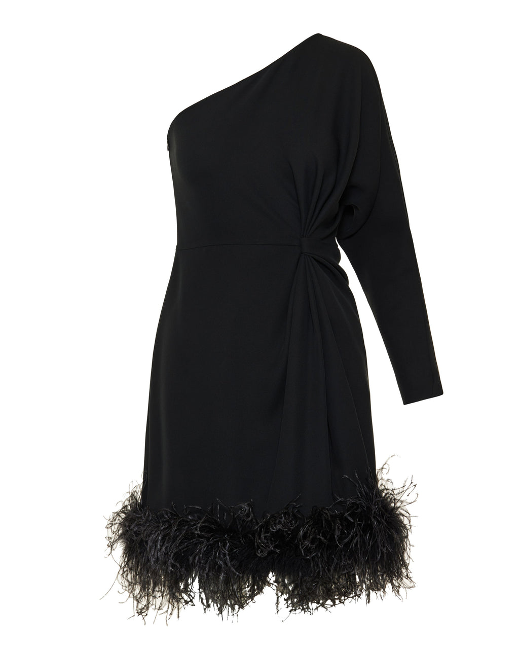 One‑shoulder silk mini dress with feathers