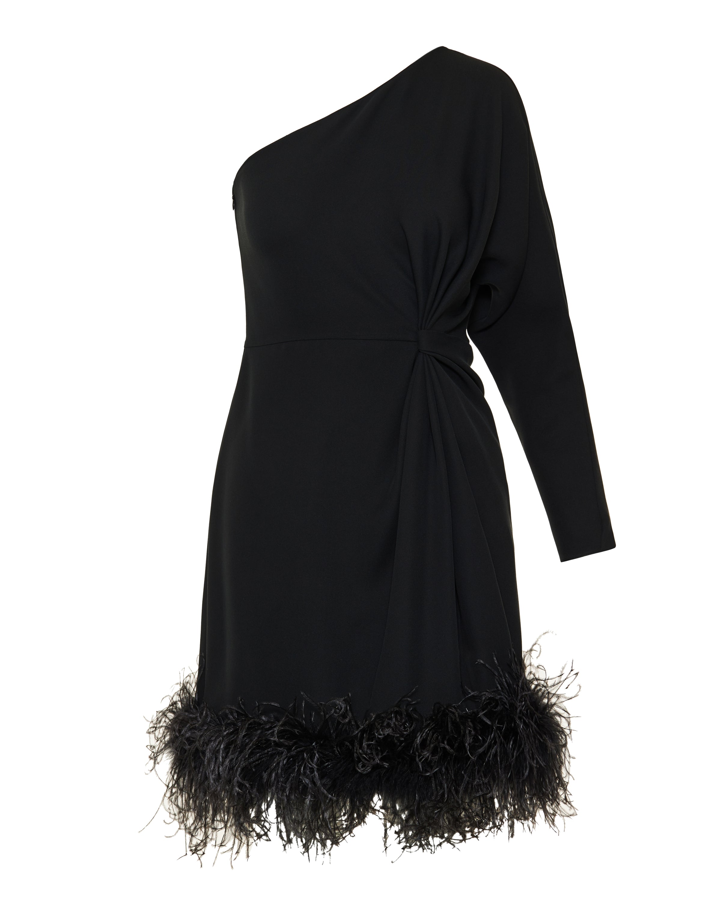 One‑shoulder silk mini dress with feathers