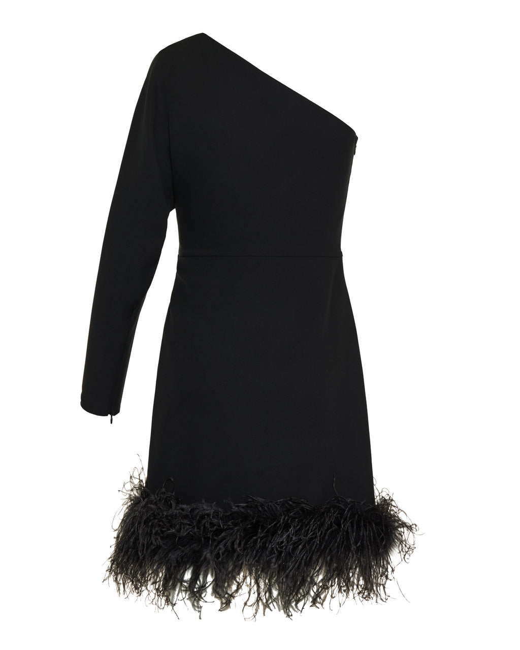 One‑shoulder silk mini dress with feathers