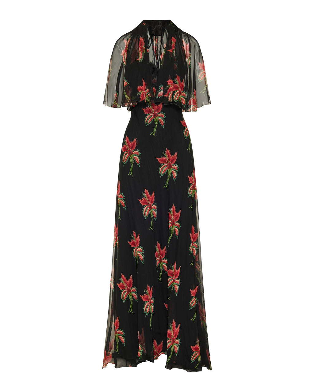 Floral silk chiffon cape gown