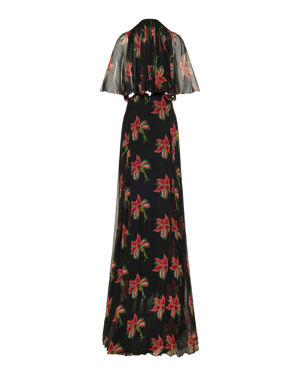 Floral silk chiffon cape gown