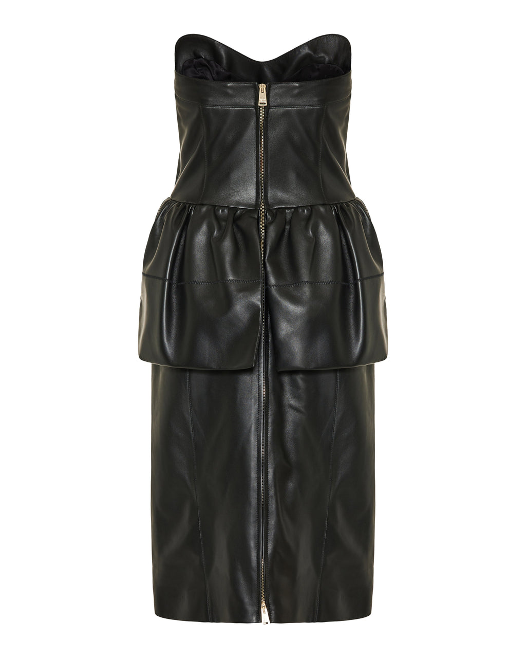 Strapless leather peplum midi dress