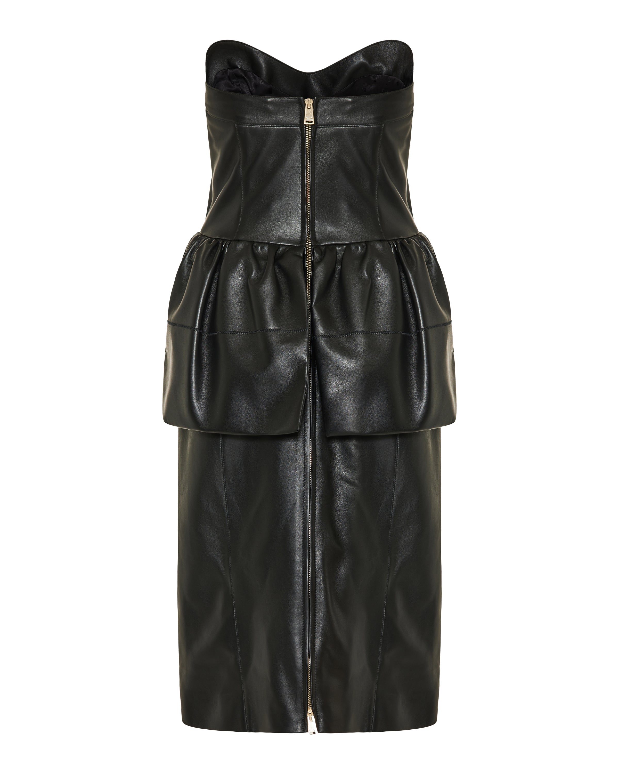 Strapless leather peplum midi dress