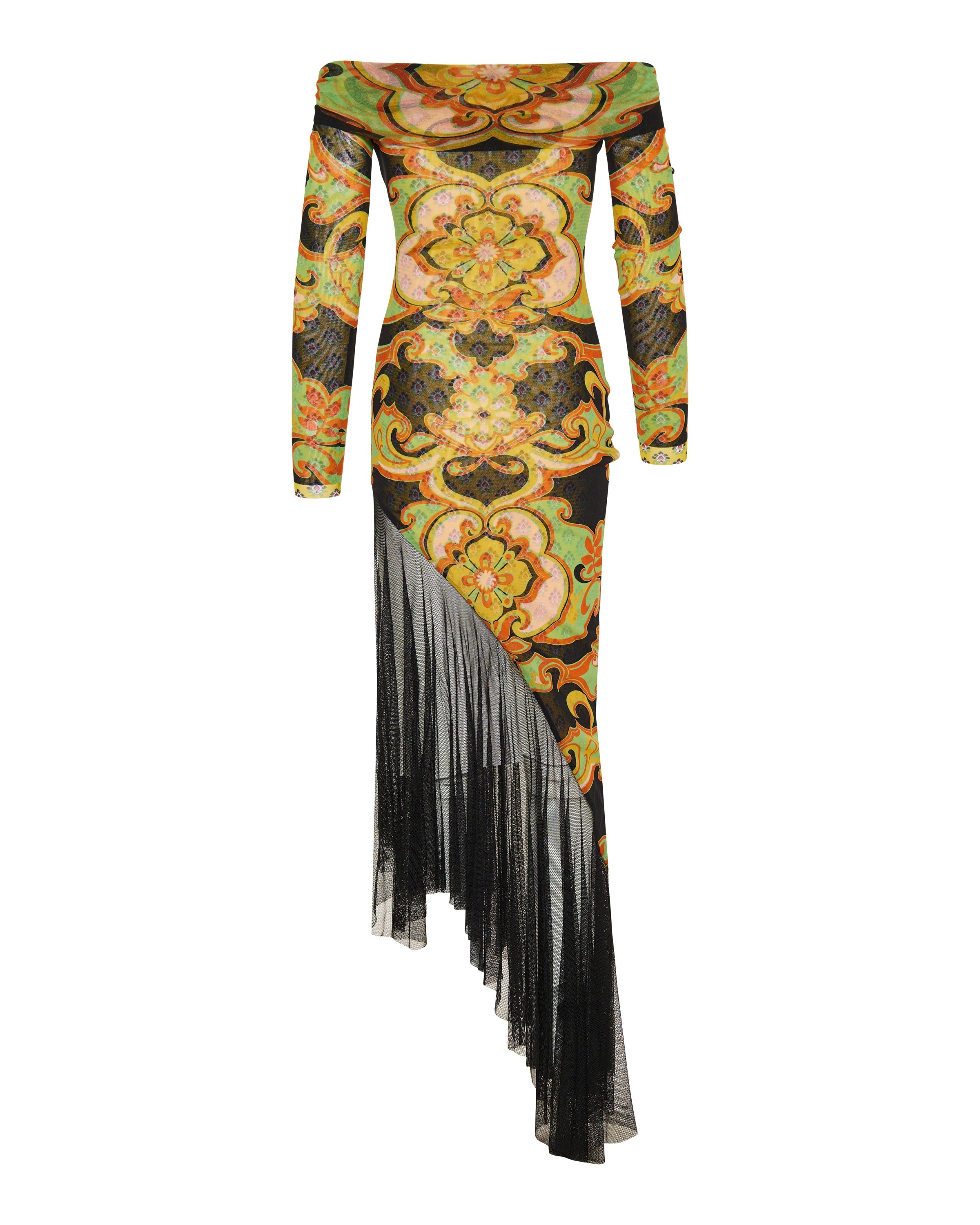 Printed asymmetric tulle midi dress