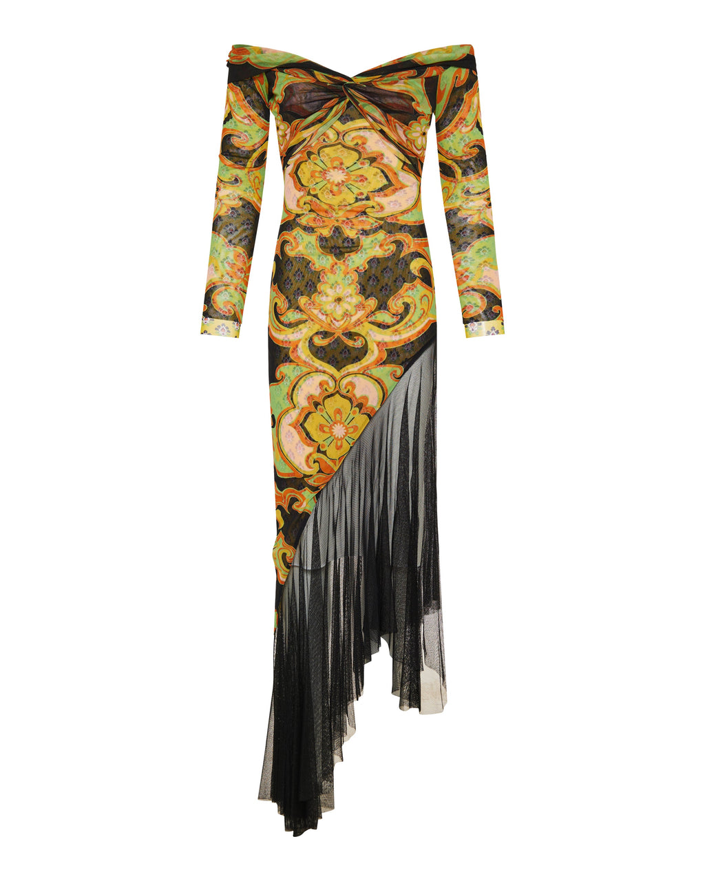 Printed asymmetric tulle midi dress
