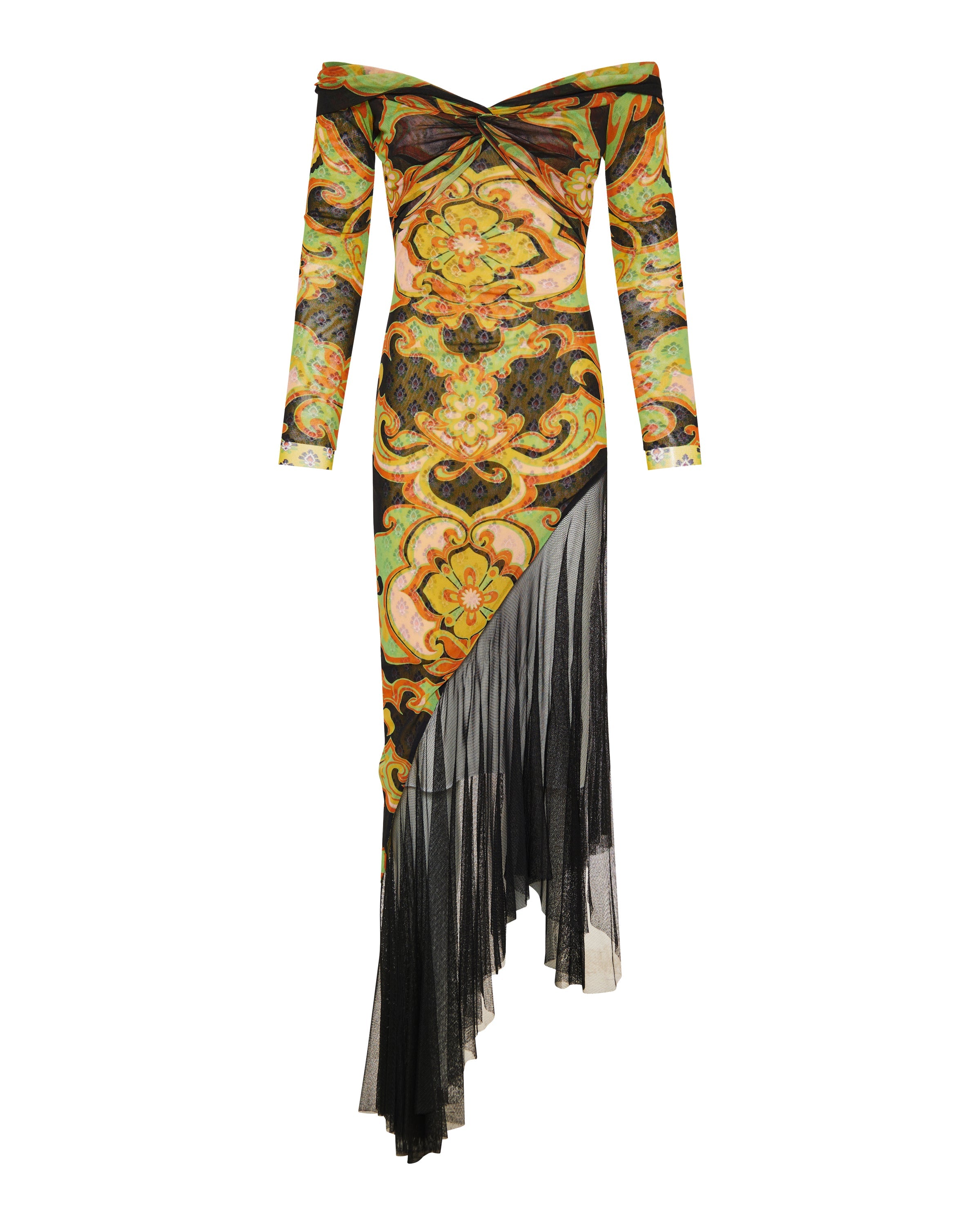 Printed asymmetric tulle midi dress