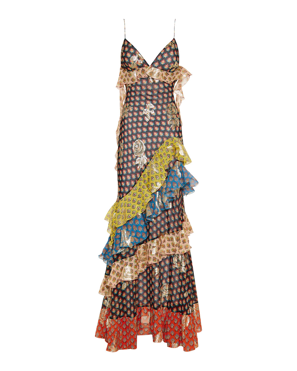 Long silk dress with fil coupé rose motif