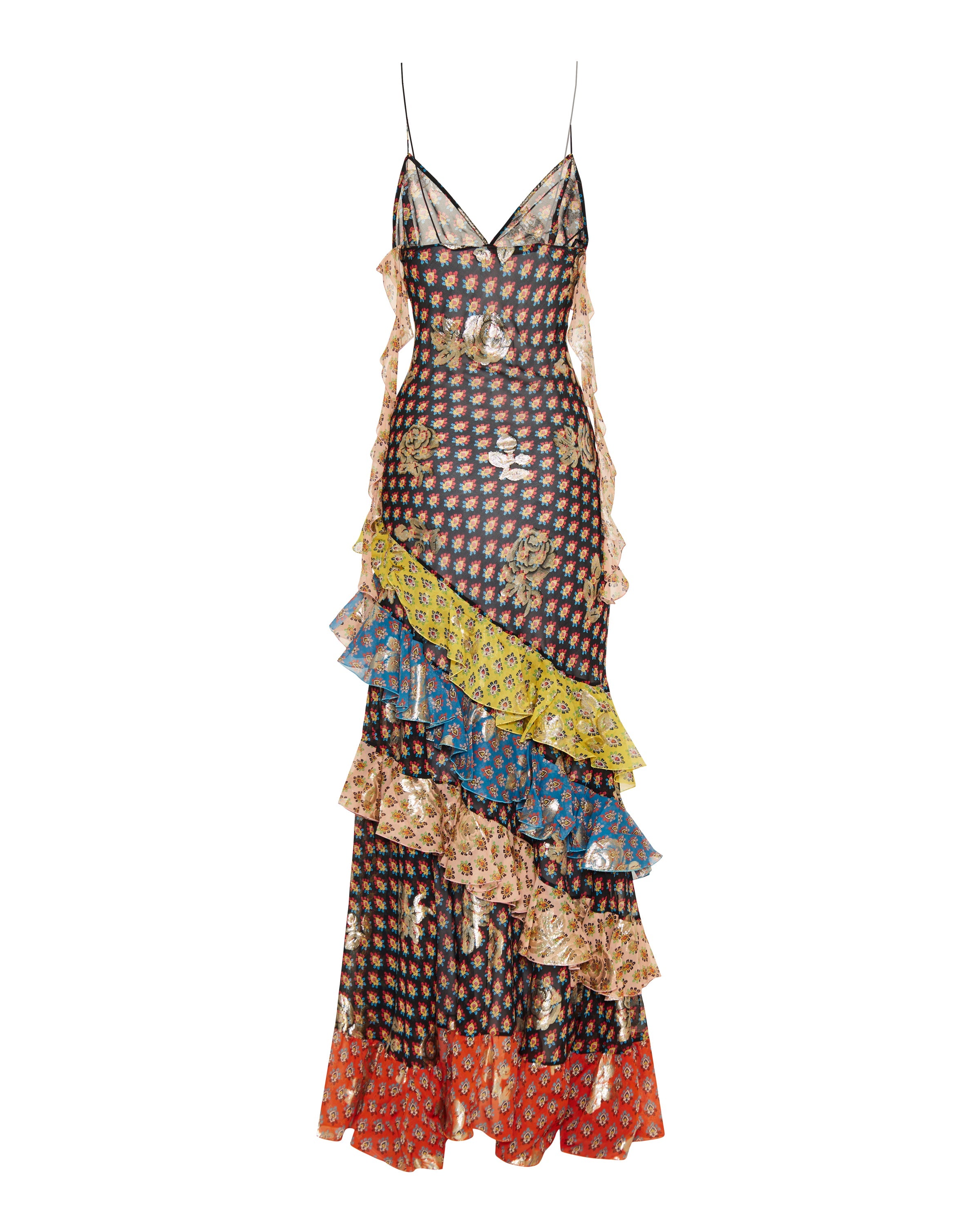 Long silk dress with fil coupé rose motif