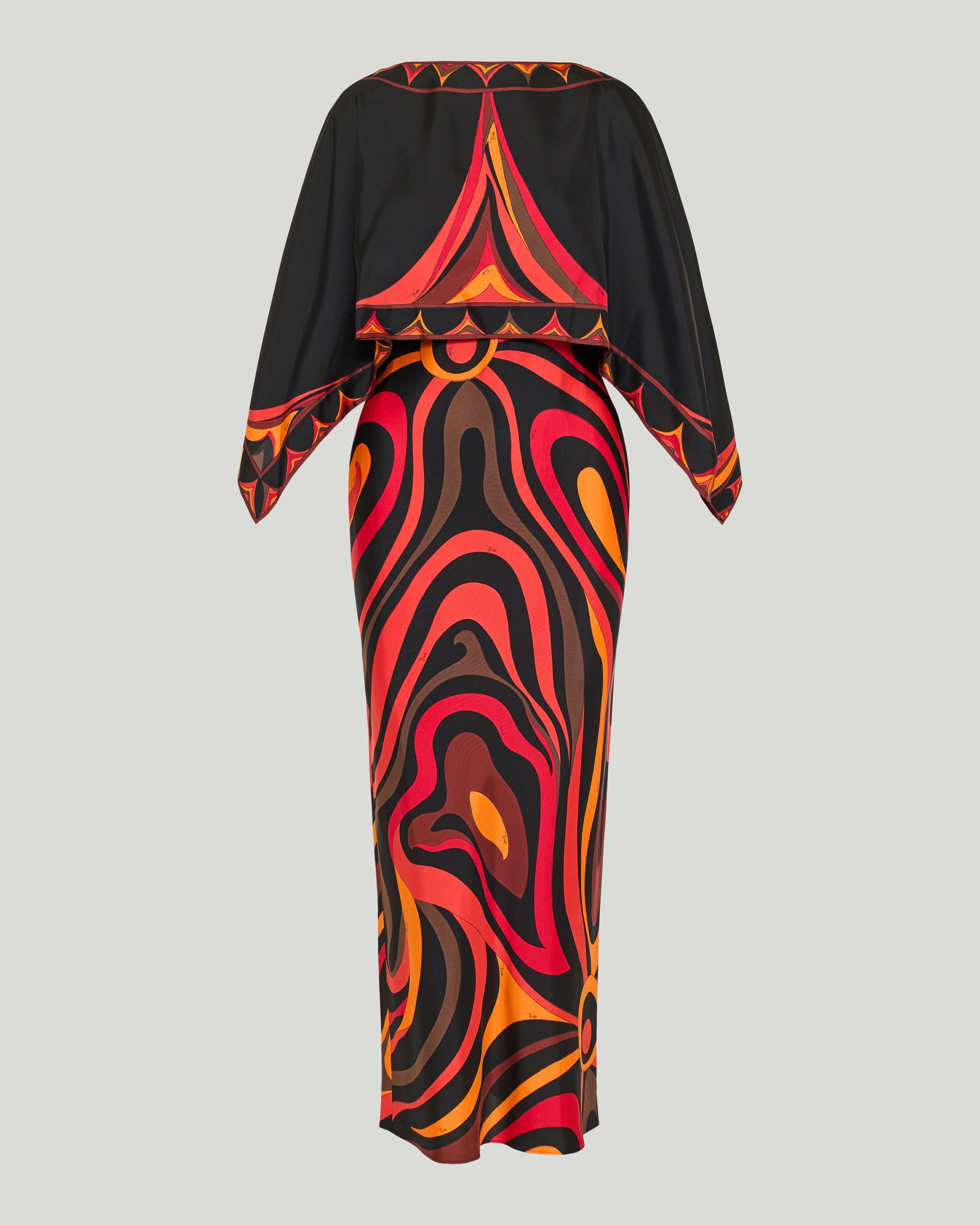 Marmo print silk long dress with cape