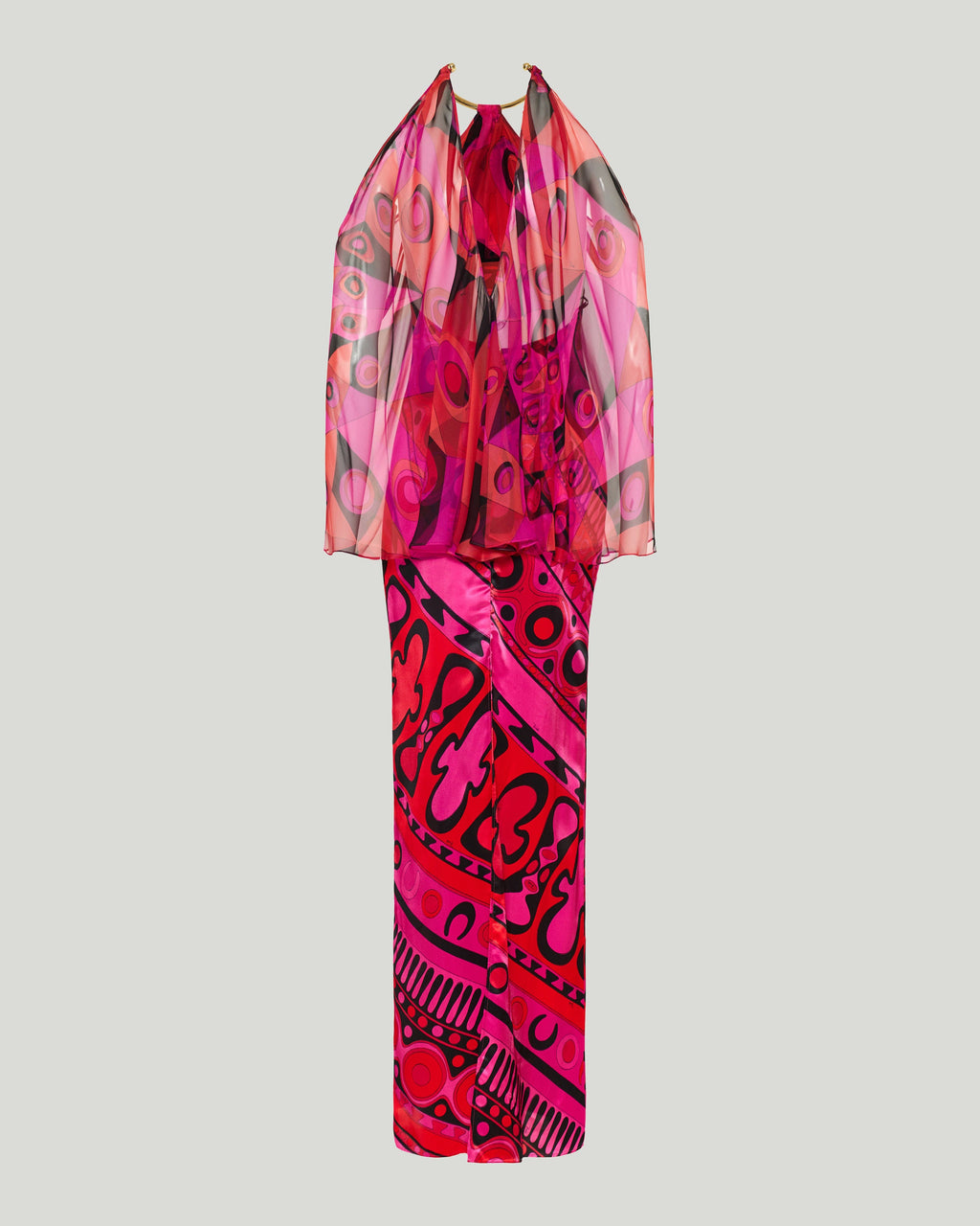 Occhi print satin and chiffon dress