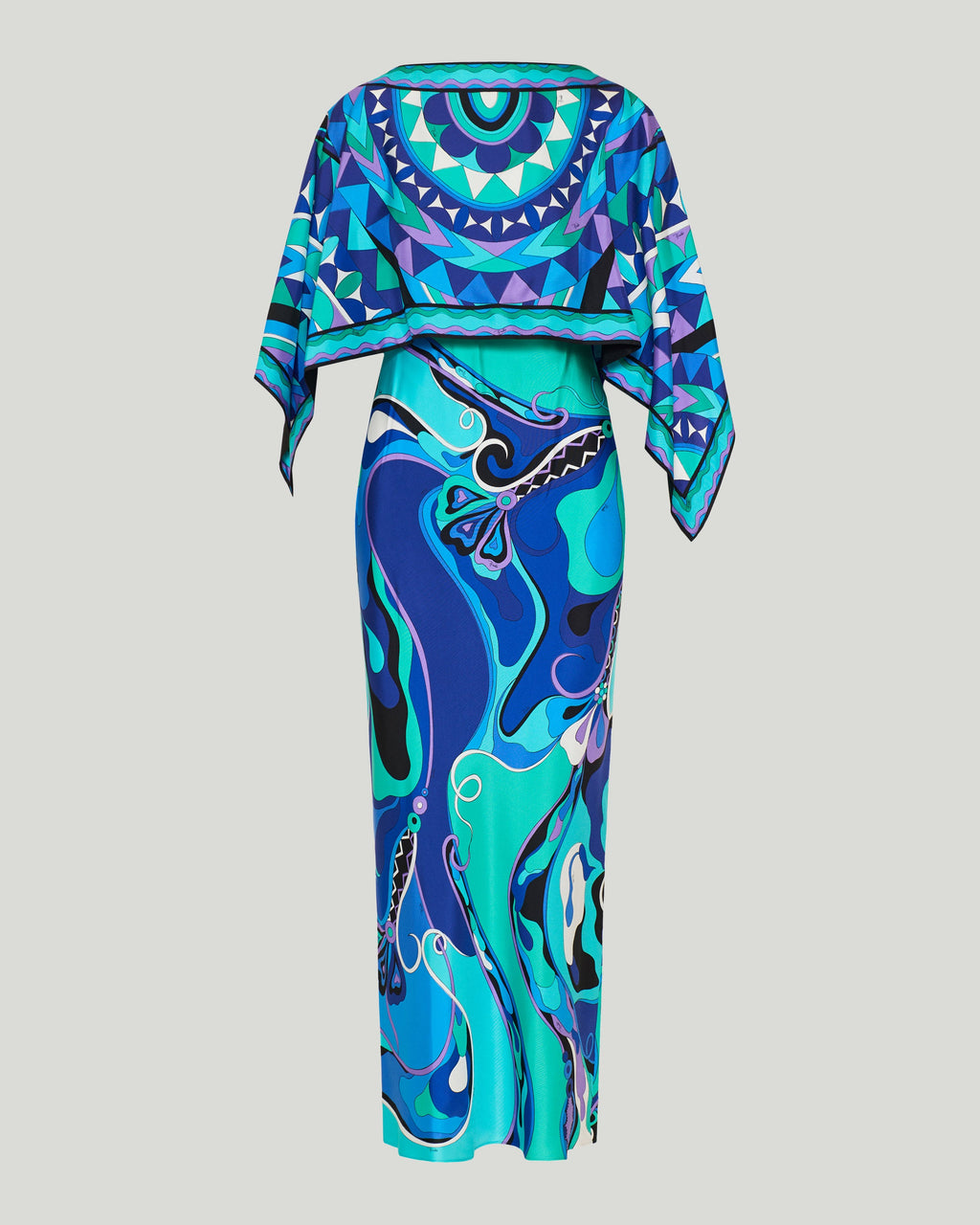 Orchidee print silk dress with cape