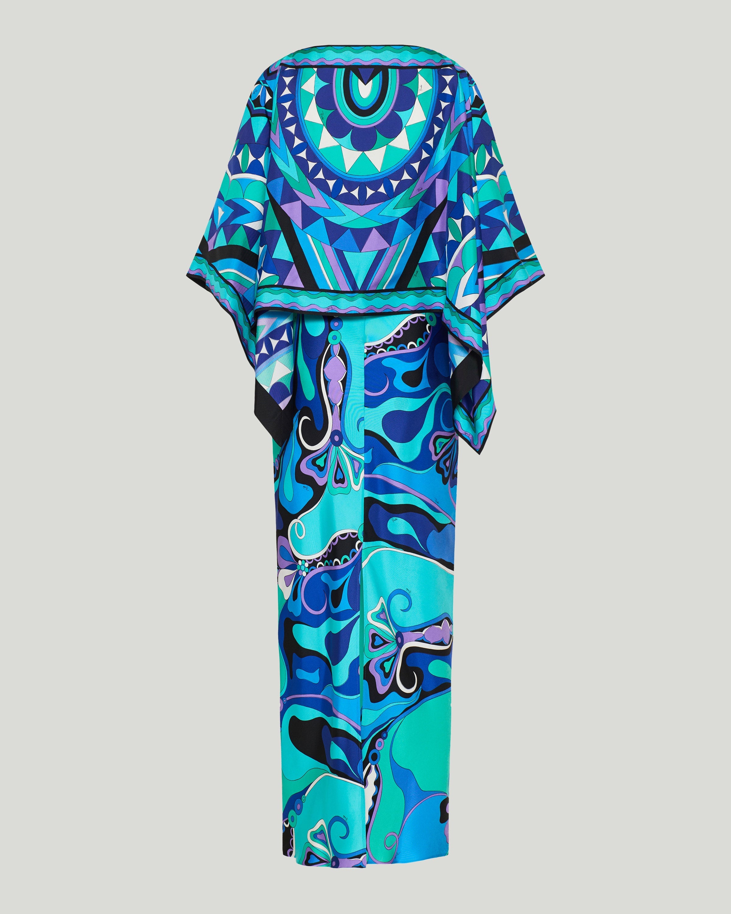Orchidee print silk dress with cape
