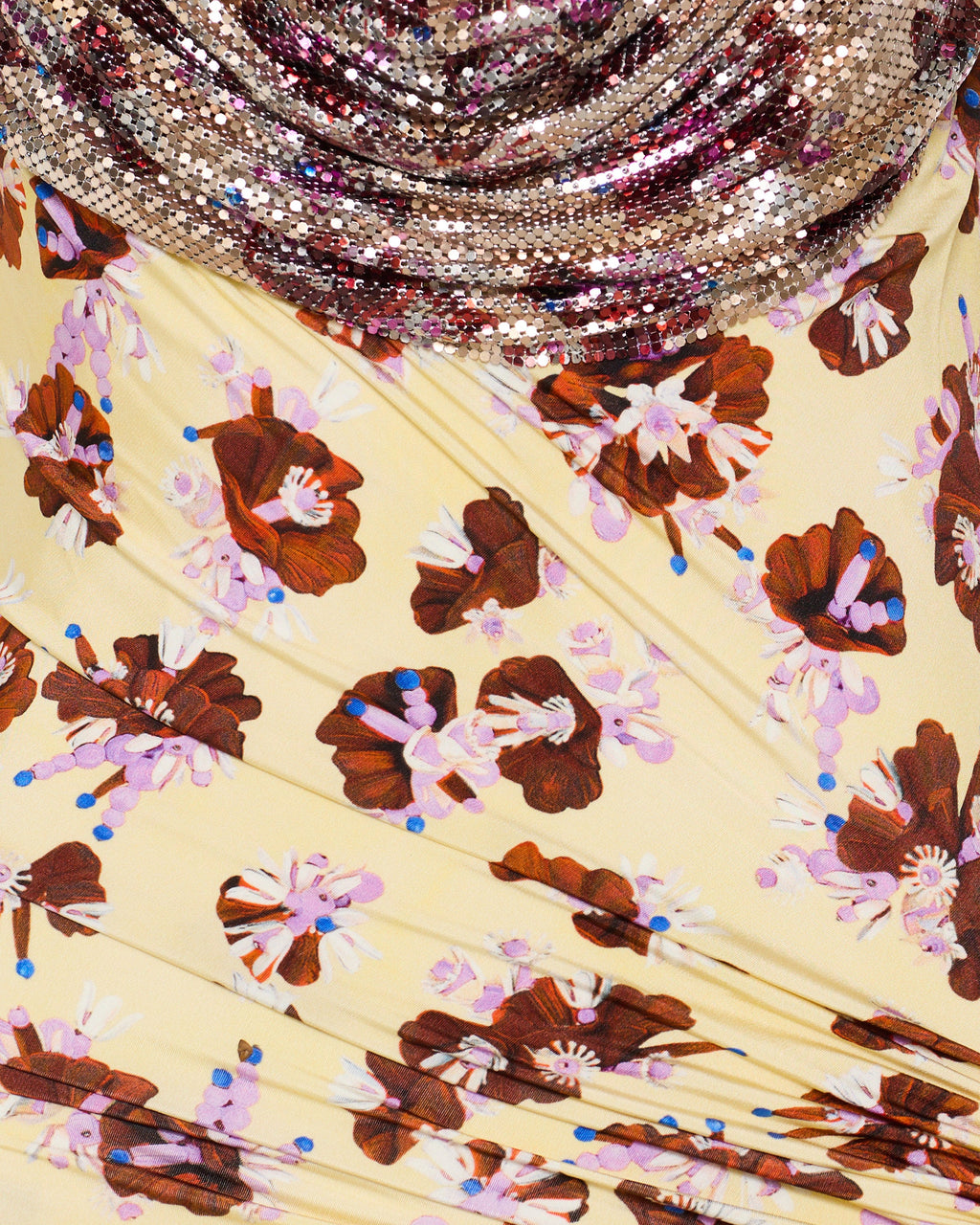 Chainmail-embellished floral satin midi dress