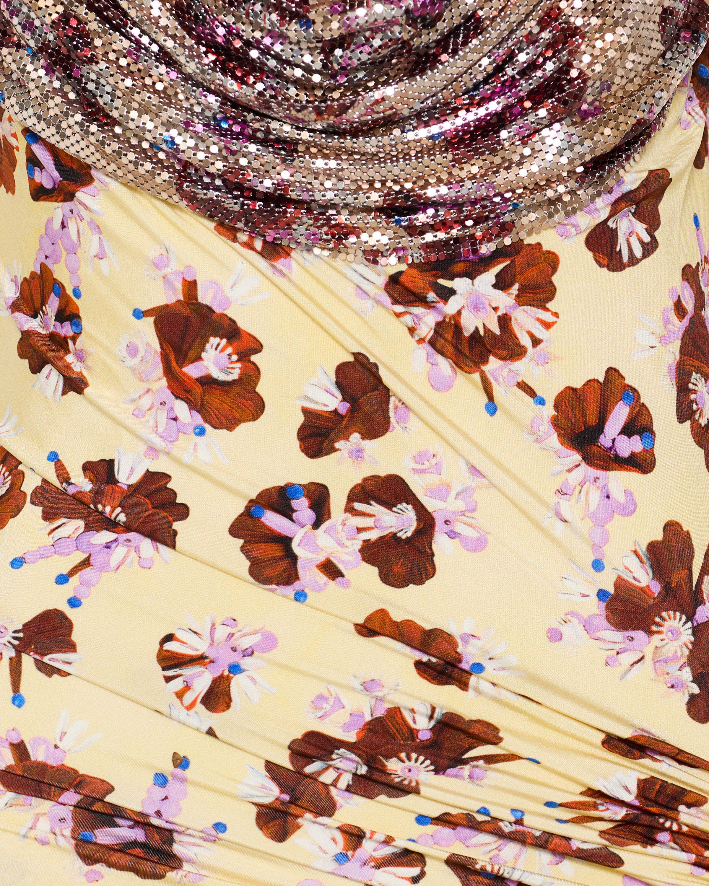 Chainmail-embellished floral satin midi dress