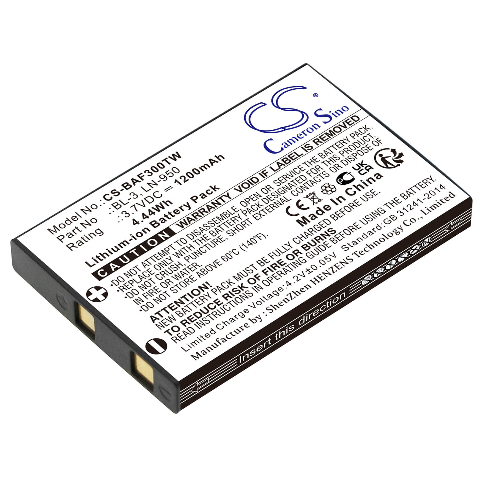 3.7V, Li-ion, 1200mAh, Two-Way Radio battery fits Weierwei, Yaesu, Baofeng, Intek, Bl-3, Bf-r5, Bf-t6, 4.44Wh Two-Way Radio Cameron Sino Technology Limited
