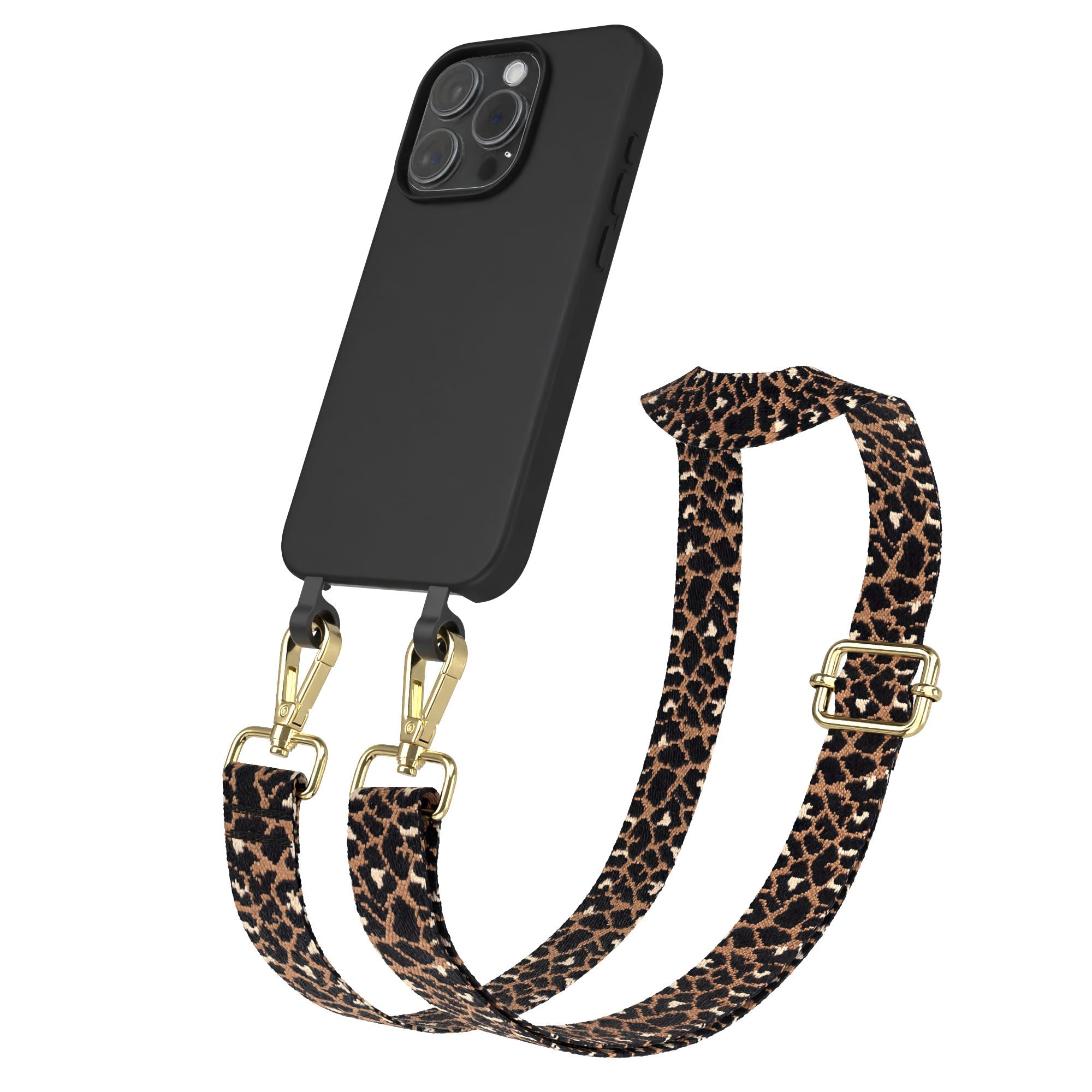 iPhone 15 Pro 2in1 Handykette mit abnehmbarer Silikonhülle und Boho Band #farbe_leo-schwarz-metallfarbe-gold